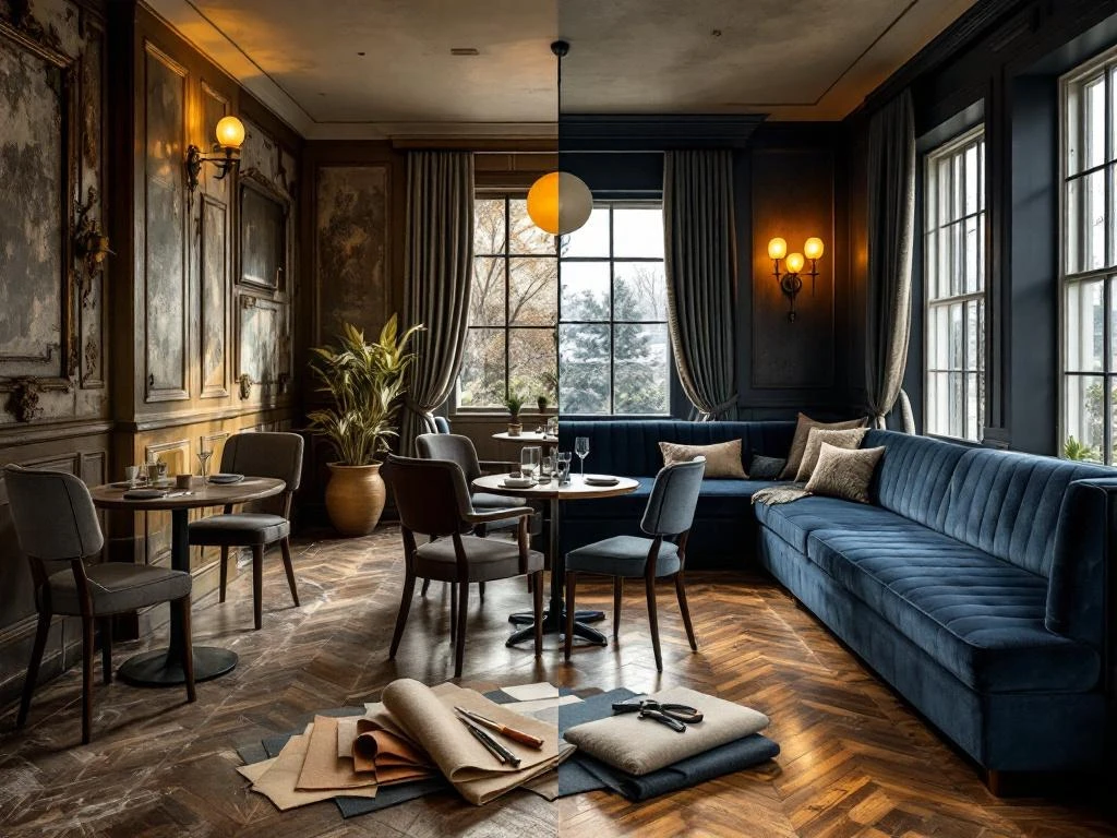 Restaurant interieur voor en na renovatie: van versleten bruine meubels naar luxe donkerblauwe banken en hardhouten vloer