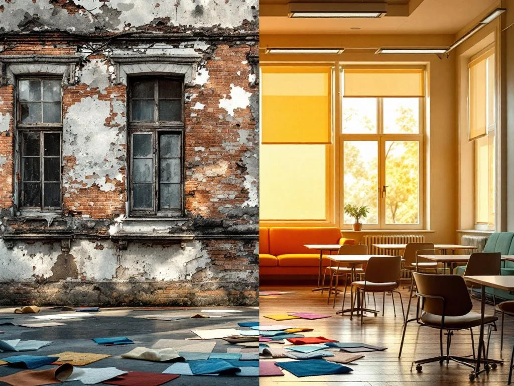 Voor-en-na vergelijking van schoolrenovatie: verouderd gebouw links, moderne klaslokaal rechts met stoffenmonsters