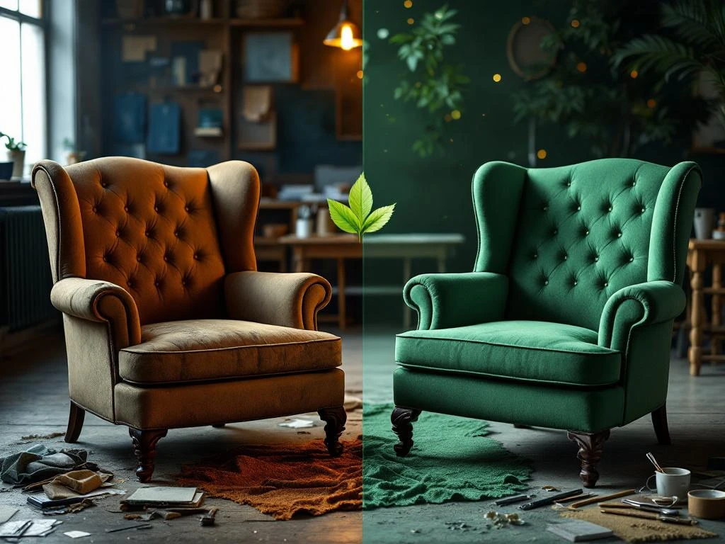 Luxe fauteuil voor en na stoffering: versleten bruine stoel getransformeerd tot smaragdgroene stoel in werkplaats