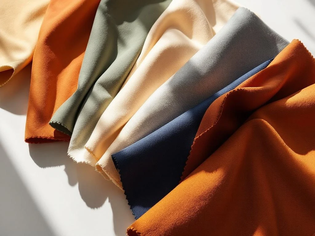 Luxe meubelstof kleurenpalet met 2026 trends: terracotta, slijmgroen, crème, marineblauw en oranje textielstalen
