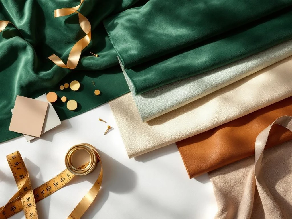 Luxe stoffensamples voor stoffering: smaragdgroen fluweel, crème bouclé, cognac leer en geometrische patronen op wit oppervlak