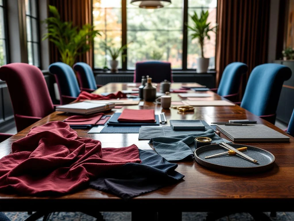 Vergaderzaal tijdens renovatie met luxe stoffering in uitvoering, burgundy en marine stoffen op houten tafel