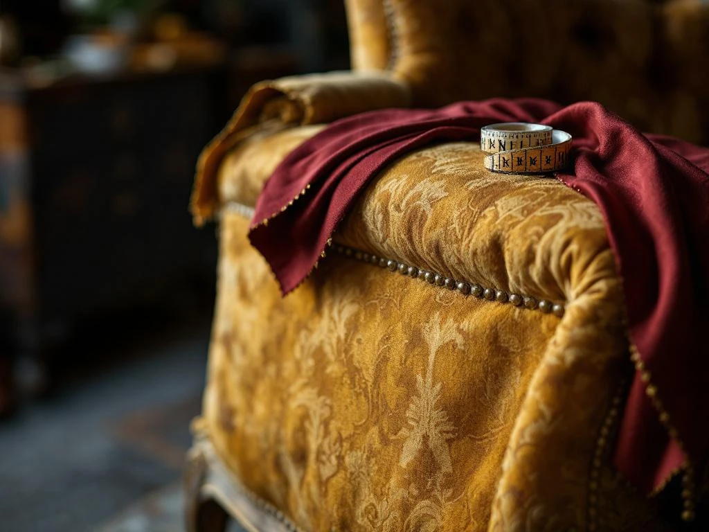 Vintage fauteuil wordt herbekleed met bordeauxrode stof, meubelmakerswerkplaats met professioneel gereedschap