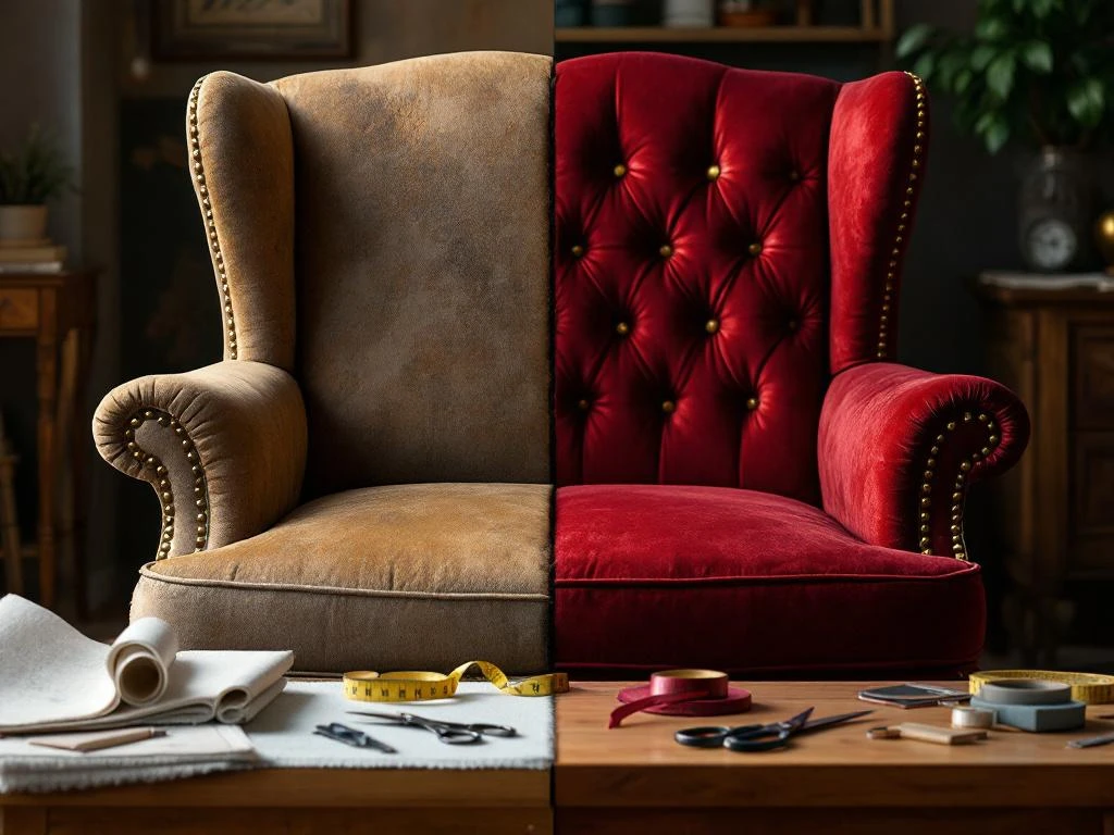 Vintage fauteuil half gerestaureerd met nieuwe bordeauxrode fluwelen bekleding naast versleten origineel, meubelmakergereedschap op werkbank