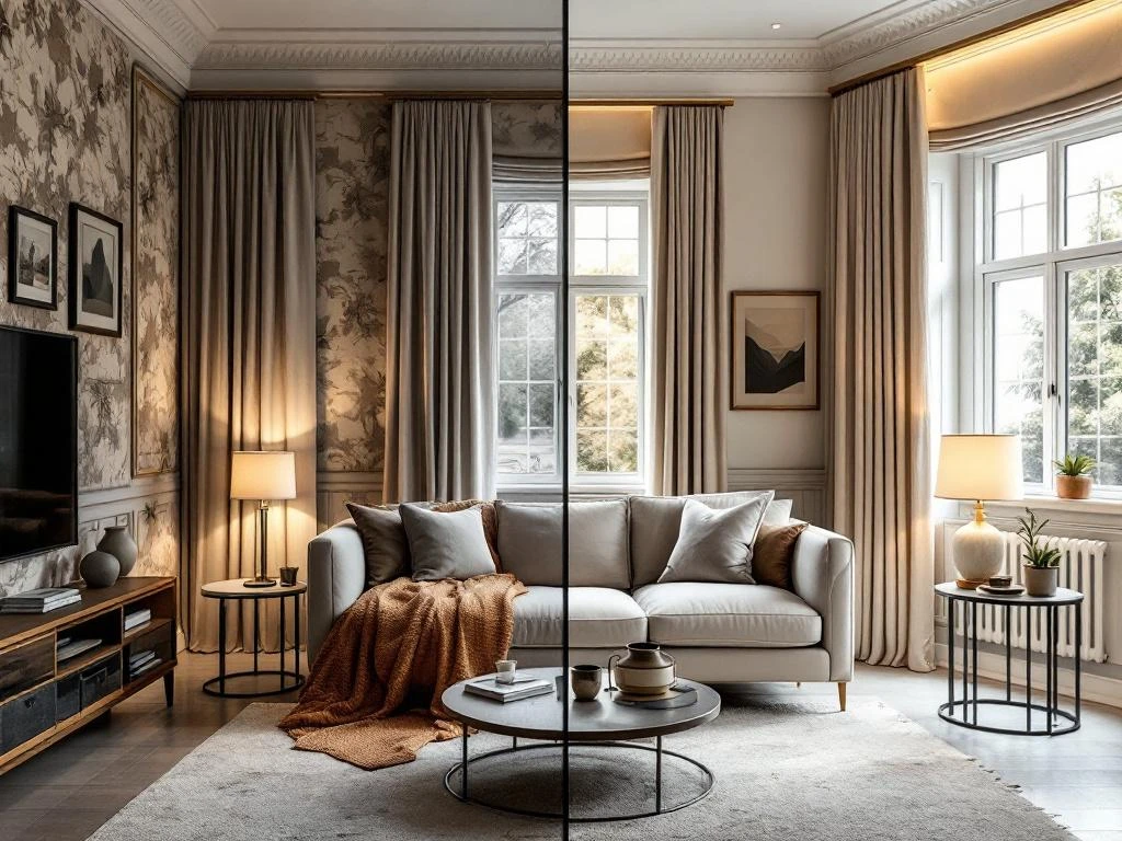 Woonkamer renovatie voor en na: verouderde jaren 90 inrichting links, moderne elegante ruimte rechts met neutrale tinten