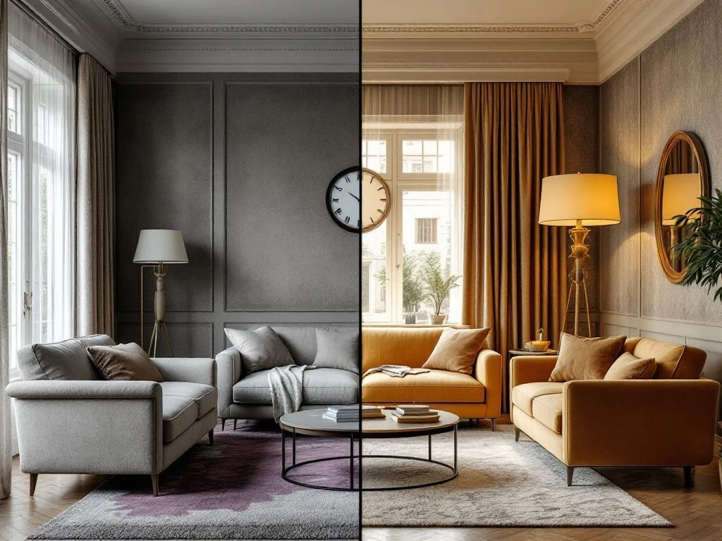 Woonkamer renovatie voor en na vergelijking met oude meubels links en luxe herinrichting rechts