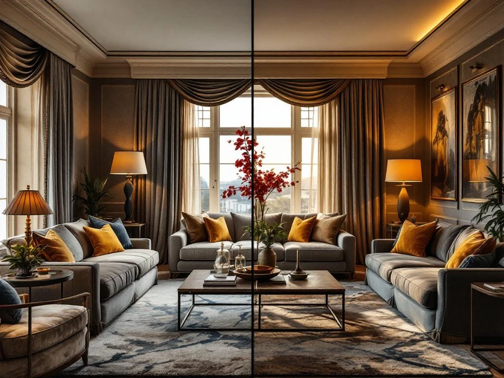 Luxe woonkamer voor-en-na transformatie met versleten meubels links en elegante fluwelen banken rechts