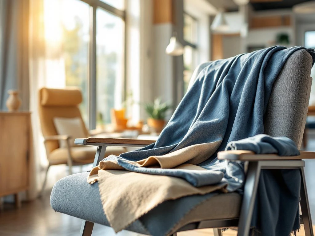 Zorgfaciliteit tijdens renovatie met stoffenstalen in blauwe en aardse tinten op moderne stoelframe, natuurlijk licht