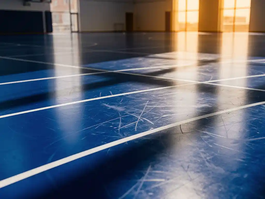 Cobaltblauwe linoleumvloer in professionele gymzaal met zichtbare courtlijnen en warm amberkleurig lichtinval.