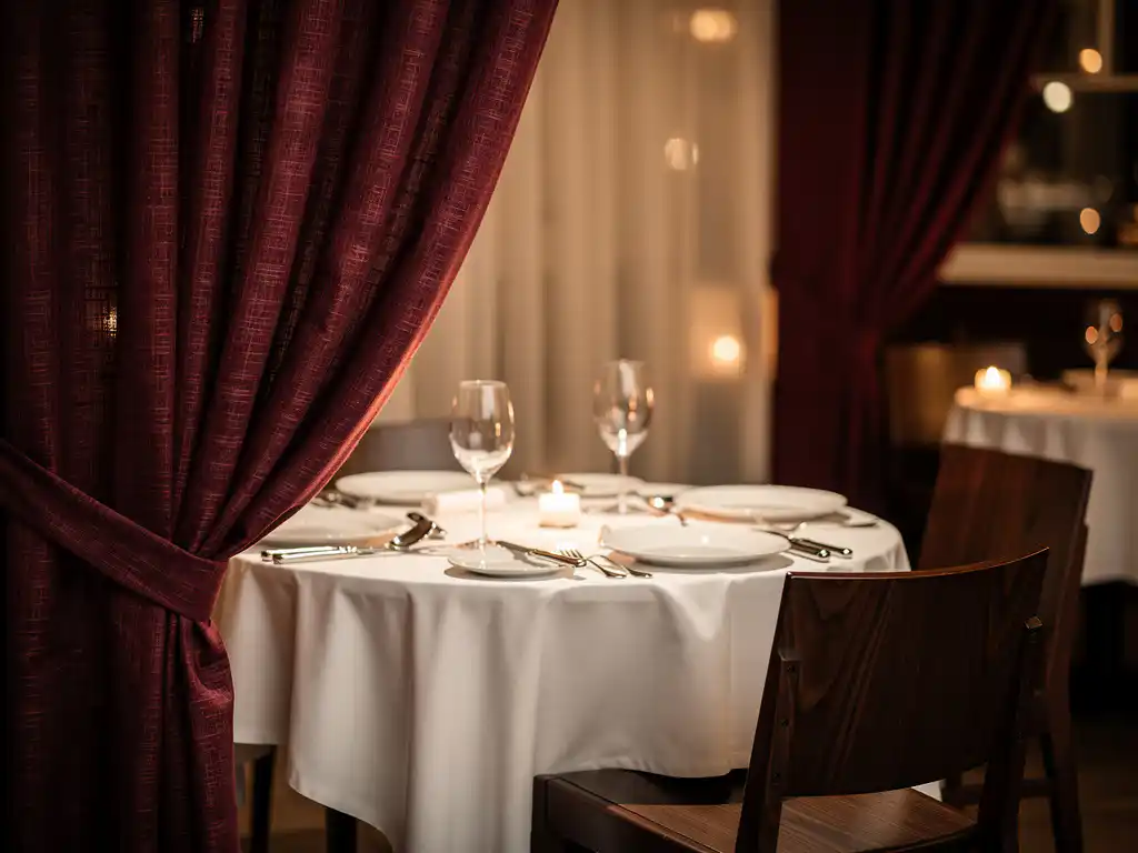 Vloerlange linnen gordijnen in diep bordeauxrood bij een kaarslicht gedekte restauranttafel met walnoten stoelen en wit tafellinnen.
