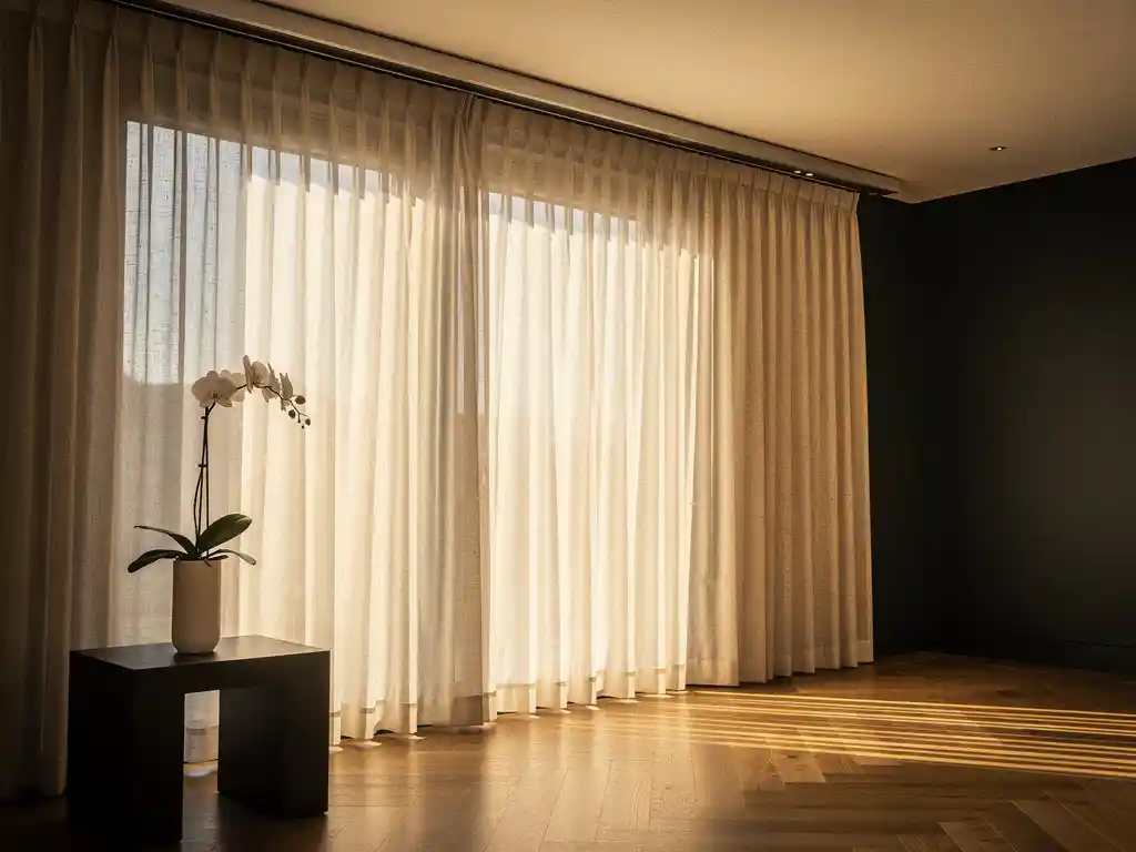 Elektrische gordijnen van warm ivoor linnen op plafondrail in stijlvol Nederlands interieur met visgraateikenhouten vloer.