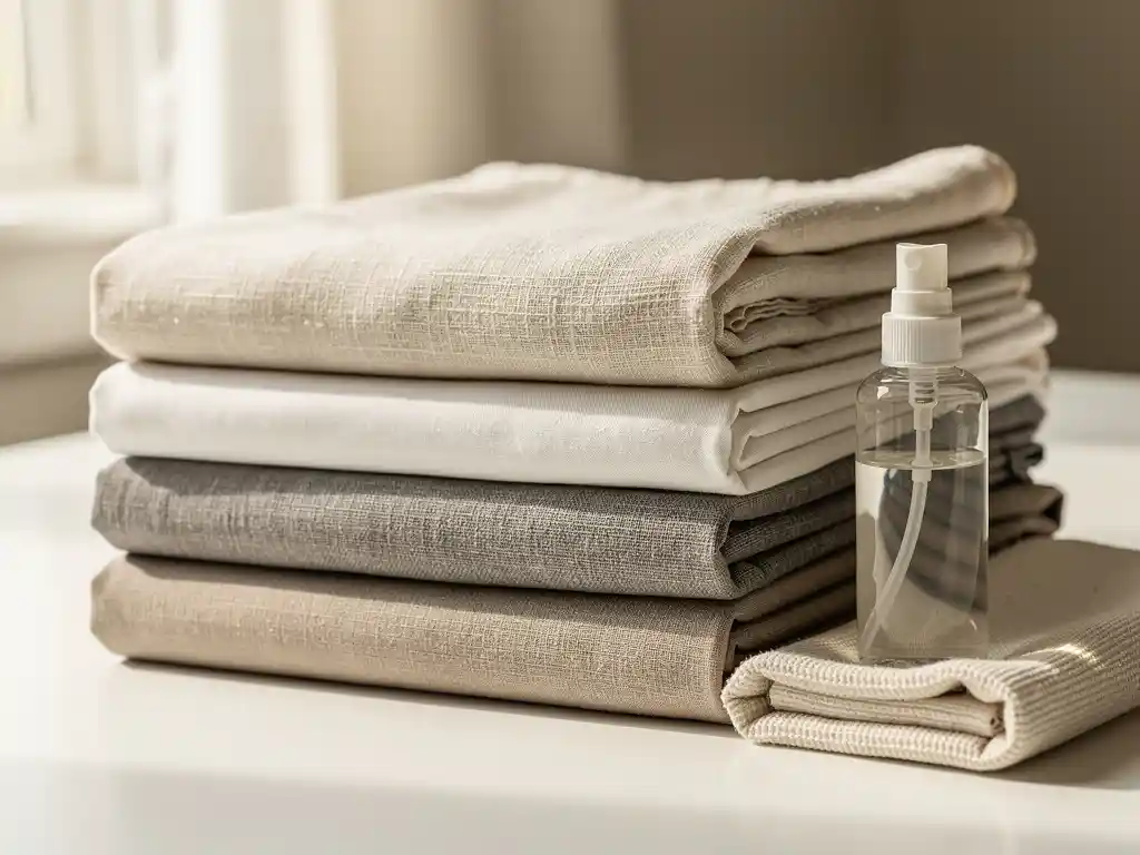 Gevouwen gordijnstofstalen in linnen, katoen en polyester op wit oppervlak, met spuitfles en doek voor eenvoudig onderhoud.