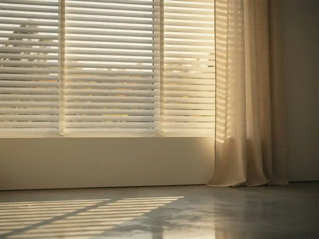 Witte horizontale jaloezieen half gekanteld in moderne woonkamer, gouden middaglicht werpt scherpe schaduwstrepen op betonnen vloer.