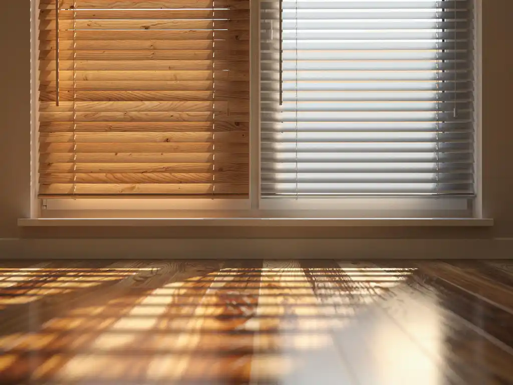 Houten en aluminium jaloezieen naast elkaar in een raam, met warme middagzon die zachte schaduwen werpt op een eiken vloer.