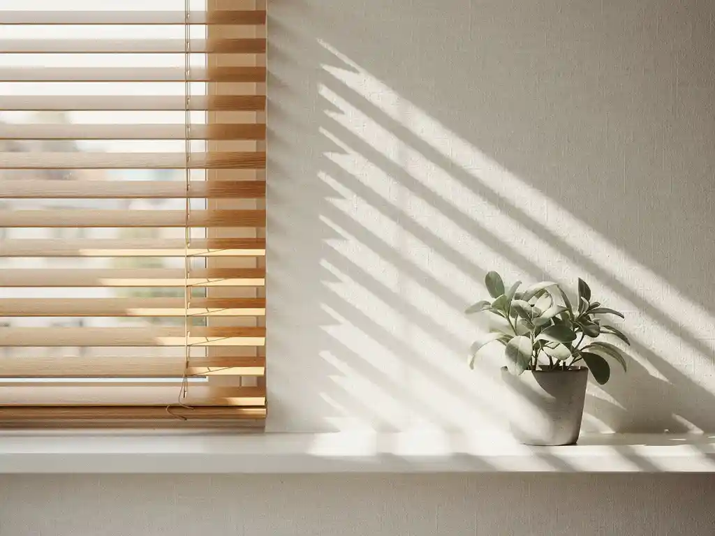 Houten jaloezie werpt geometrische schaduwstrepen op een linnen muur, met een groene kamerplant op de vensterbank in warm natuurlijk daglicht.