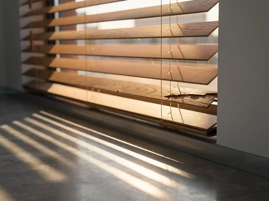 Houten jaloezieen half gekanteld voor een zonnig kantoorraam, warme middaglichtstrepen op betonnen vloer.