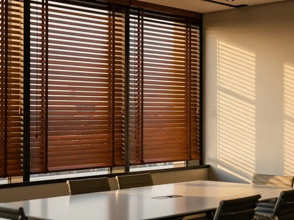 Houten jaloezieen werpen geometrische schaduwstrepen op een minimalistisch kantoorinterieur met warme middagzon en een vergadertafel.