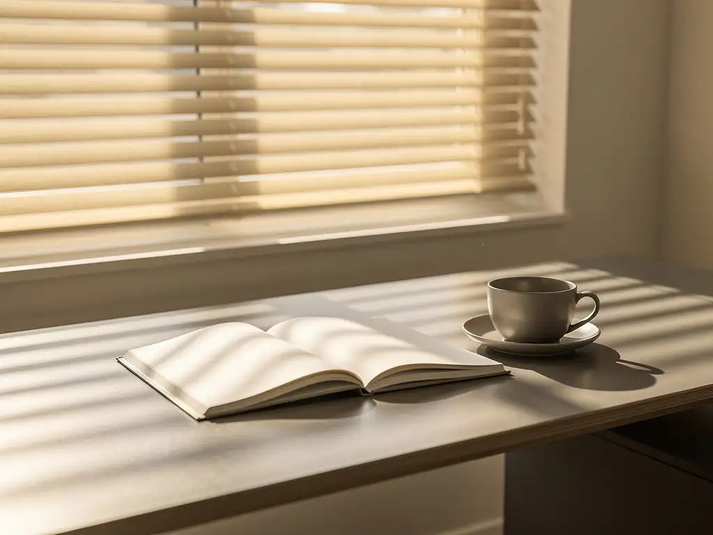 Moderne bureau met open notitieboek en koffiekop in warm zonlicht, met zachte schaduwstrepen van horizontale jaloezieen.