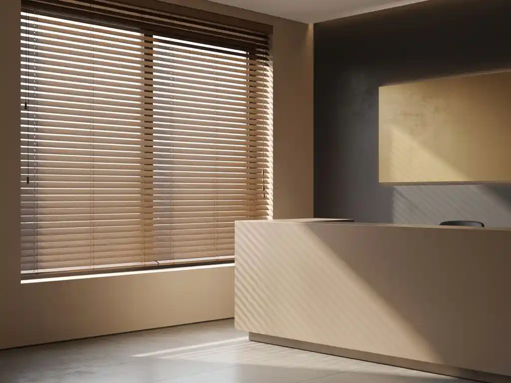 Horizontale jaloezieen in taupe tinten filteren middaglicht boven een strakke zakelijke receptiebalie met gekleurde accentmuur op de achtergrond.