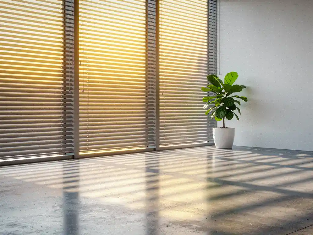 Horizontale jaloezieën filteren middagzon tot gouden lichtstrepen op betonnen vloer in moderne werkruimte, met groene plant op de voorgrond.