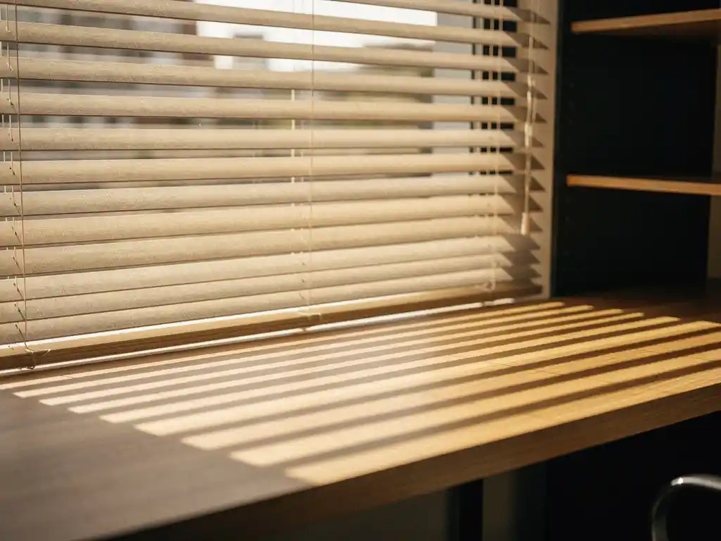 Horizontale jaloezieen filteren middagzon boven een minimalistische eiken bureau, met warme gouden schaduwen en neutrale linnen tinten.