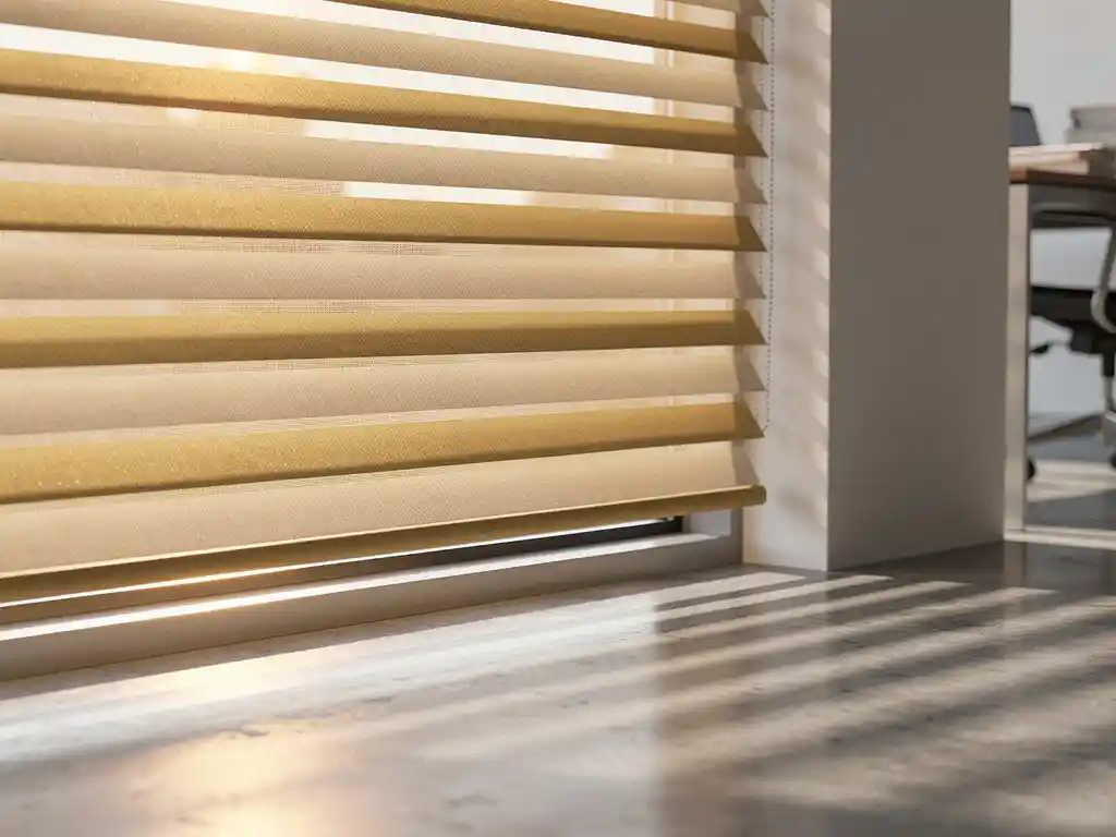 Zonwerende kantoorjaloezieën filteren goudkleurig middaglicht in een minimalistisch kantoor met betonnen vloer.