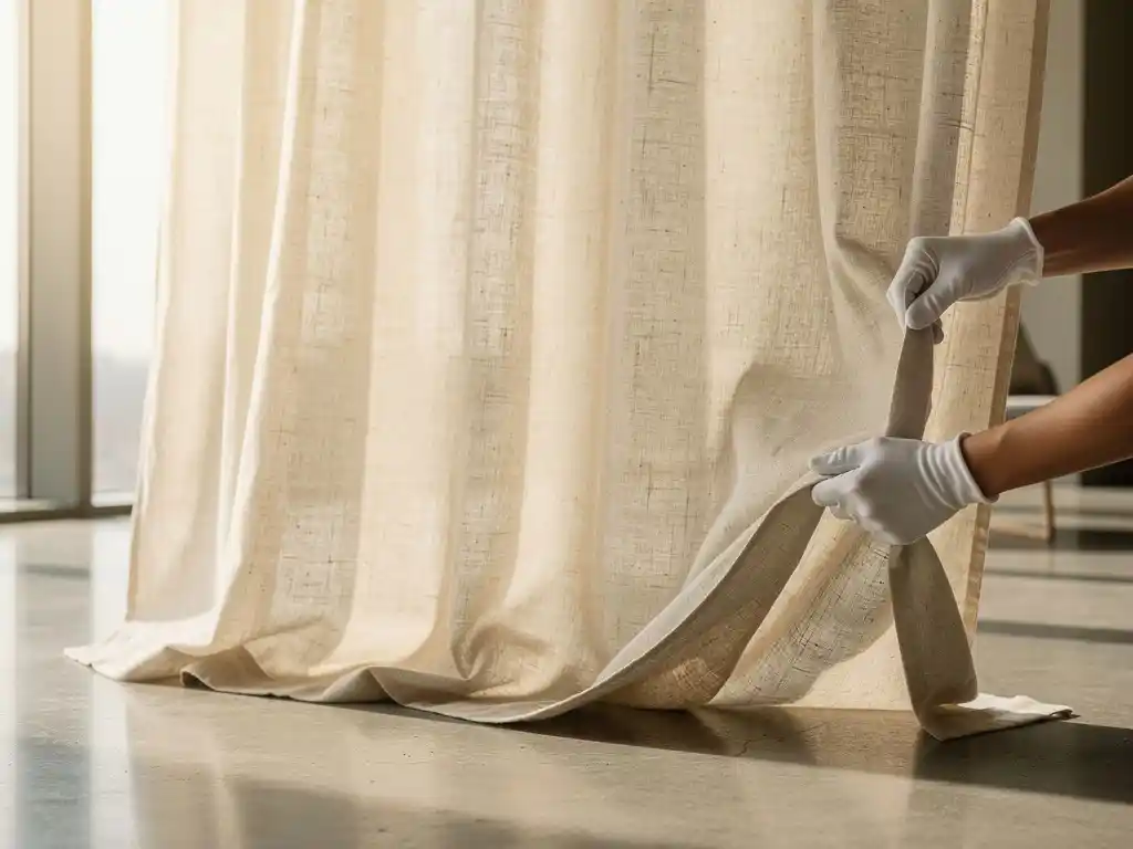 Linnen gordijn in warm ivoor dat door handschoenen wordt ontvouwen in een zonlichte lobby met gepolijste betonvloer.