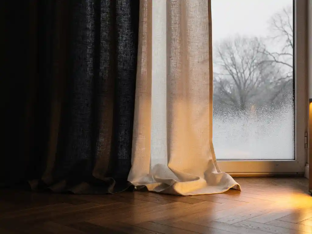 Vloerlange linnen gordijnen in houtskool en ivoor, zacht opvallend op een visgraateikenhouten vloer, met warm amberkleurig licht en winterlandschap op de achtergrond.