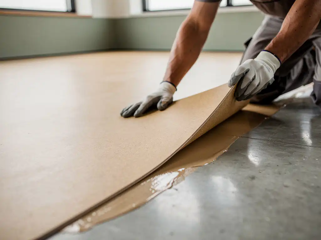 Installateur lijmt zandkleurig linoleum op betonvloer, waarbij de helft is opgetild om de lijmlaag zichtbaar te maken.