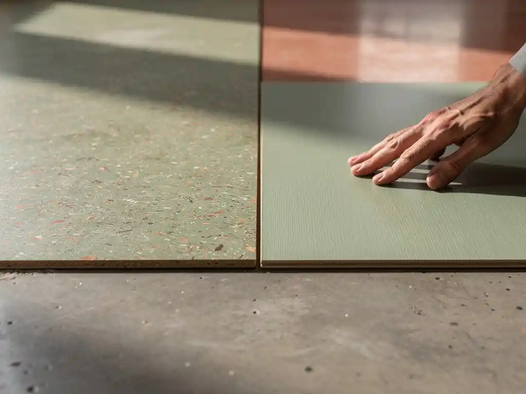 Installateur vergelijkt natuurlijk linoleum en PVC-plank op betonvloer, warme terracotta en saliegroen tinten, close-up.