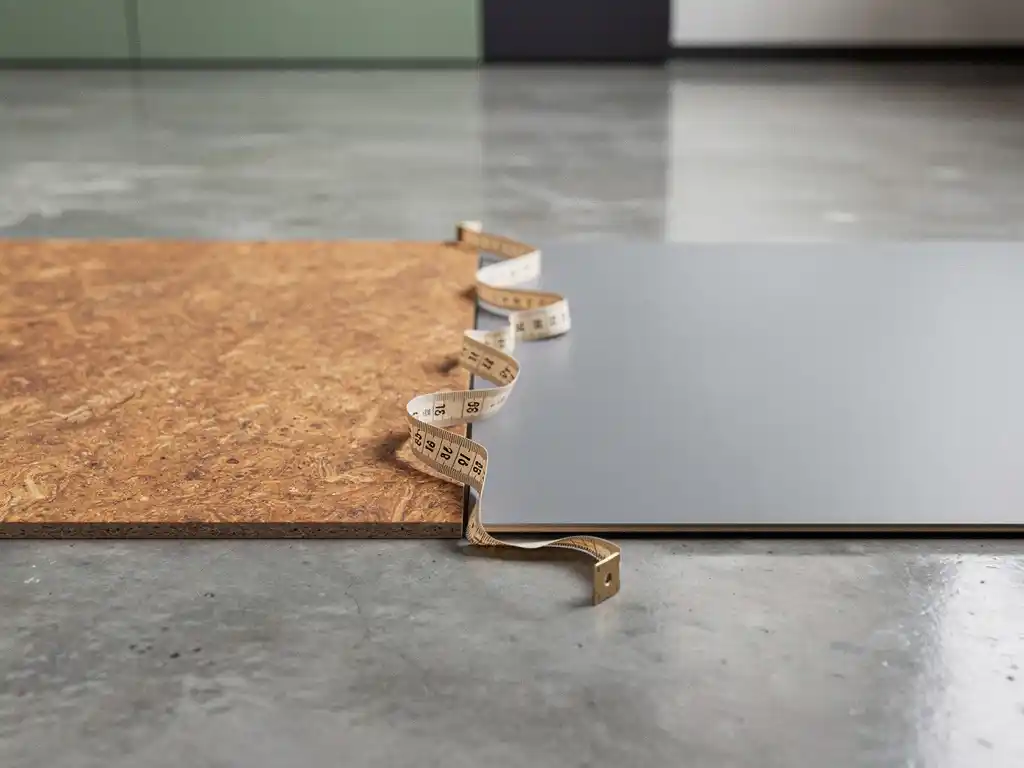Linoleum- en vinylvloermonsters naast elkaar op betonvloer, met meetlint, in modern Nederlands interieur.