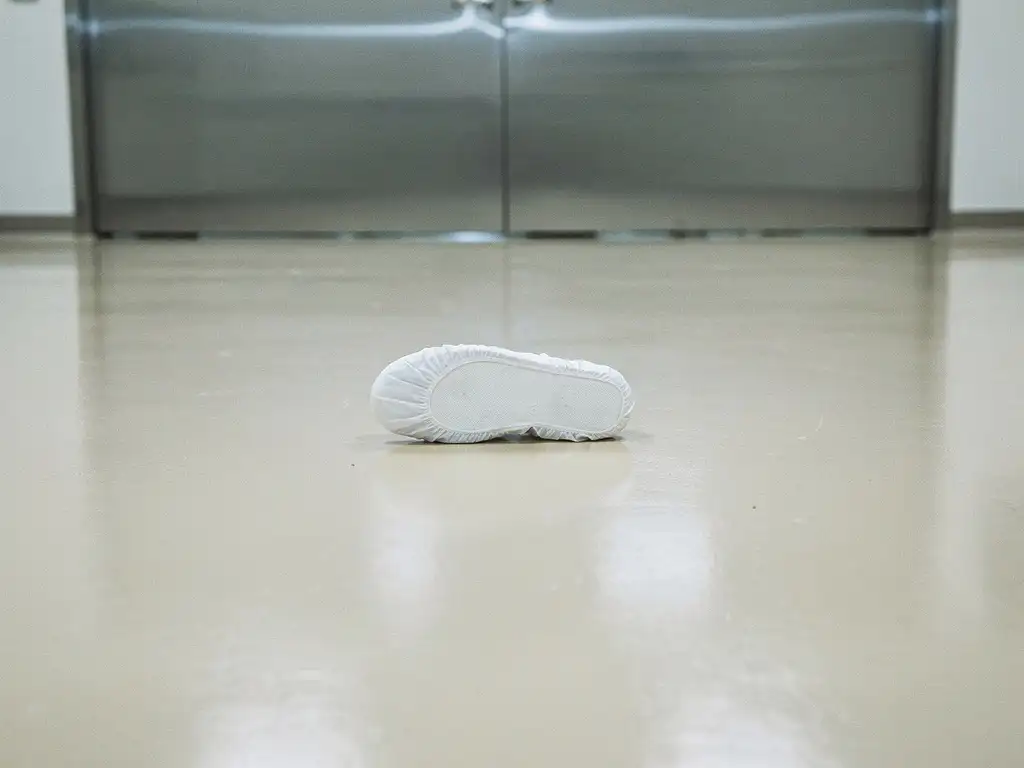 Glanzende linoleumvloer in een steriele cleanroom met één wit overschoen en roestvrijstalen wand op de achtergrond.