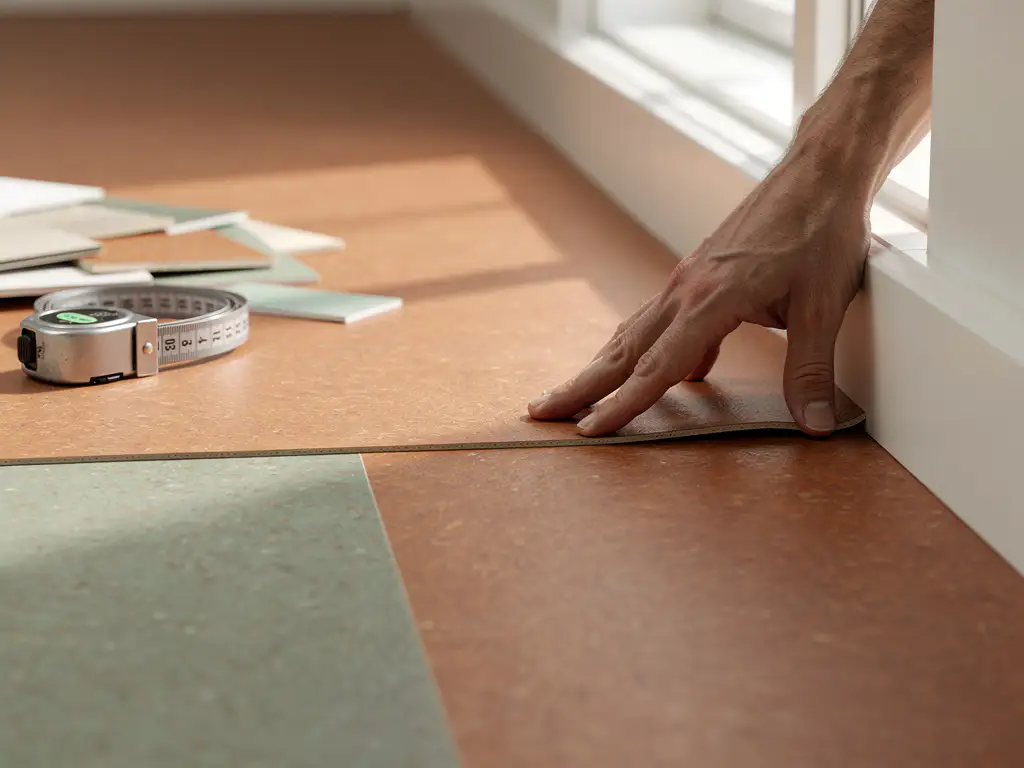 Installateur strijkt linoleumvloer glad bij plint in terracotta en saliegroen, met staalband en materiaaltests op de achtergrond.