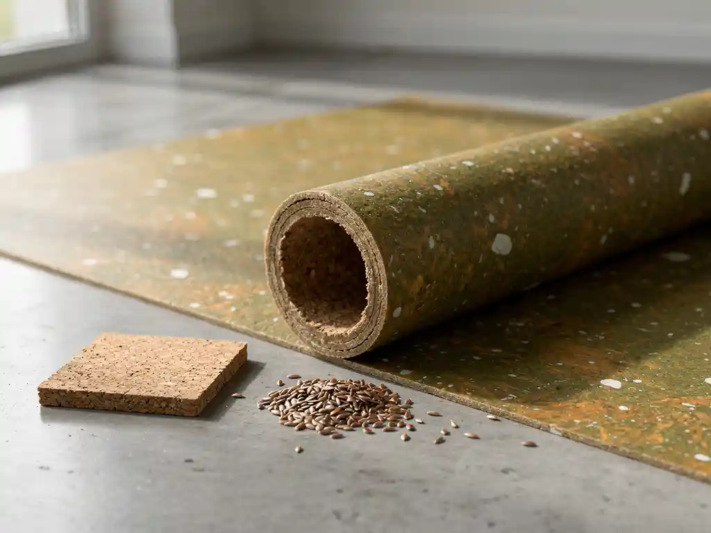 Gedeeltelijk opgerold natuurlijk linoleum met zichtbare dwarsdoorsnede van lijnolielagen, lijnzaad en kurktegel op betonnen vloer.