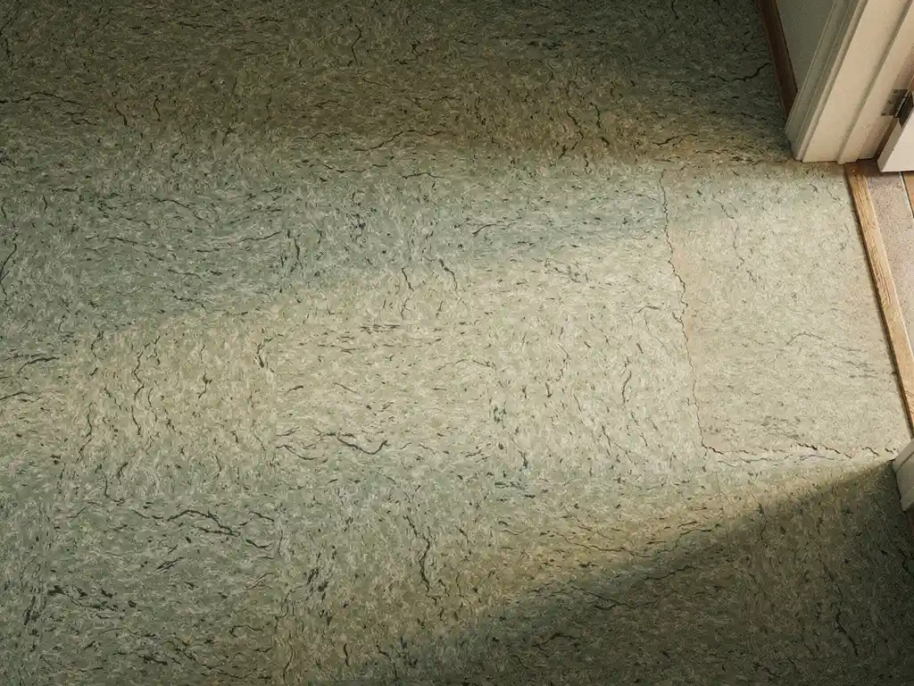 Versleten linoleumvloer in salie groen en ivoor met houtskool accenten, natuurlijke marmering zichtbaar bij een deuropening in warm binnenhuislicht.