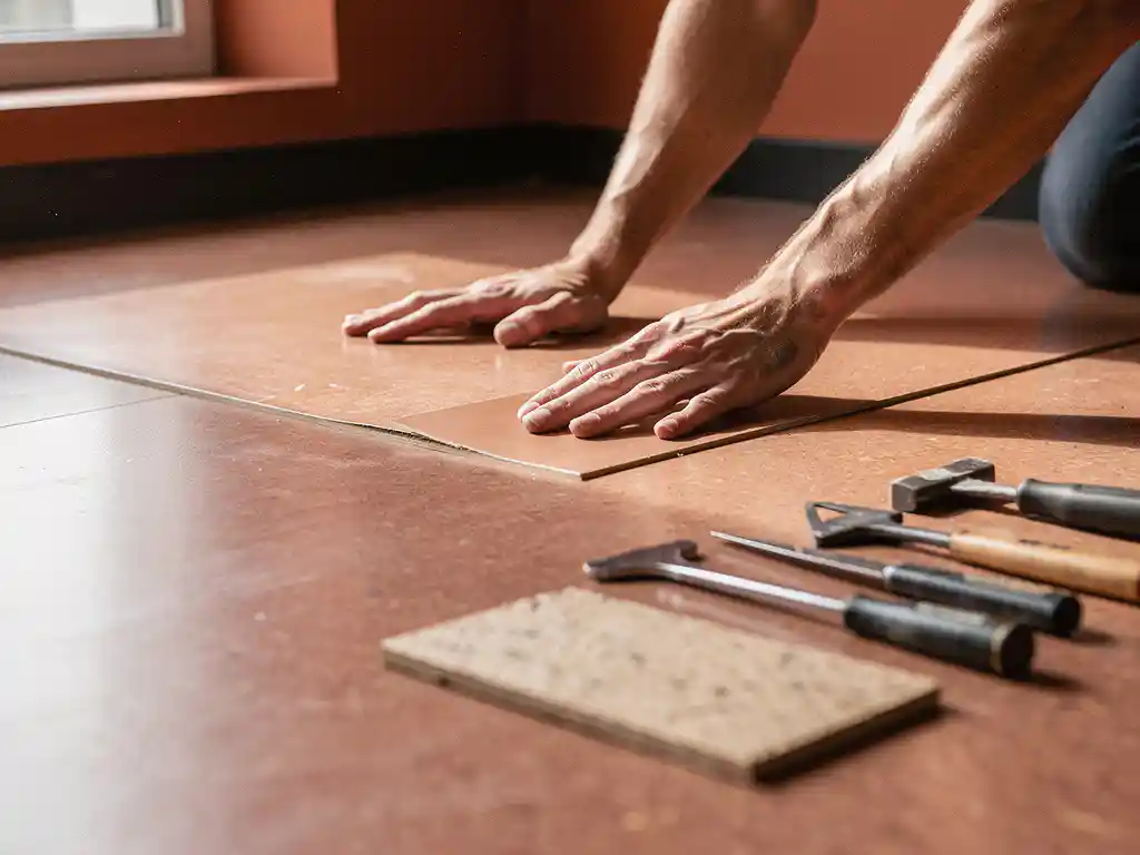 Vakman die een naadloze linoleumreparatie inperst in een gepolijste vloer, met gereedschap en restmateriaal op de terracottavloer.