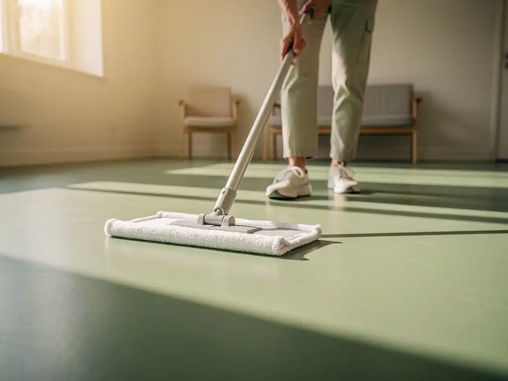 Schoonmaker die een salie-groene linoleumvloer boent met een witte mop, warm middaglicht in een minimalistisch Nederlands interieur.