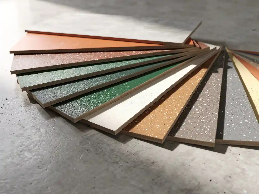 Linoleumvloerstalen in terracotta, bosgroen en ivoor uitgewaaierd op beton, met zichtbare textuur en materiaaldiepte in natuurlijk zijlicht.
