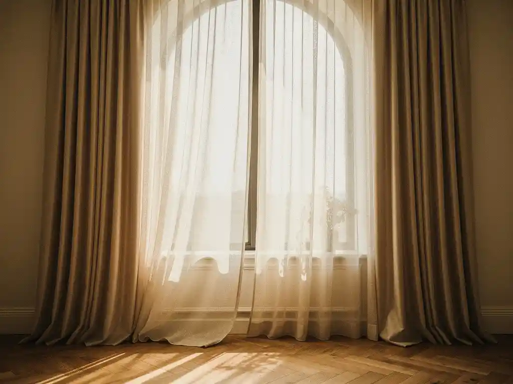 Op maat gemaakte vloer-tot-plafond gordijnen in ivoor en taupe bij een hoge boogvormige raam, zacht daglicht door sheer voering.