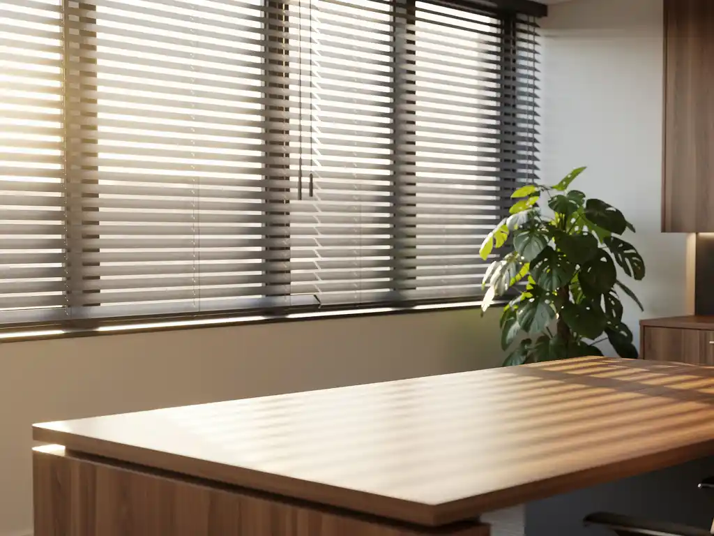 Premium horizontale jaloezieen in modern kantoor met warm middaglicht dat scherpe schaduwlijnen op een eikenhouten bureau werpt.