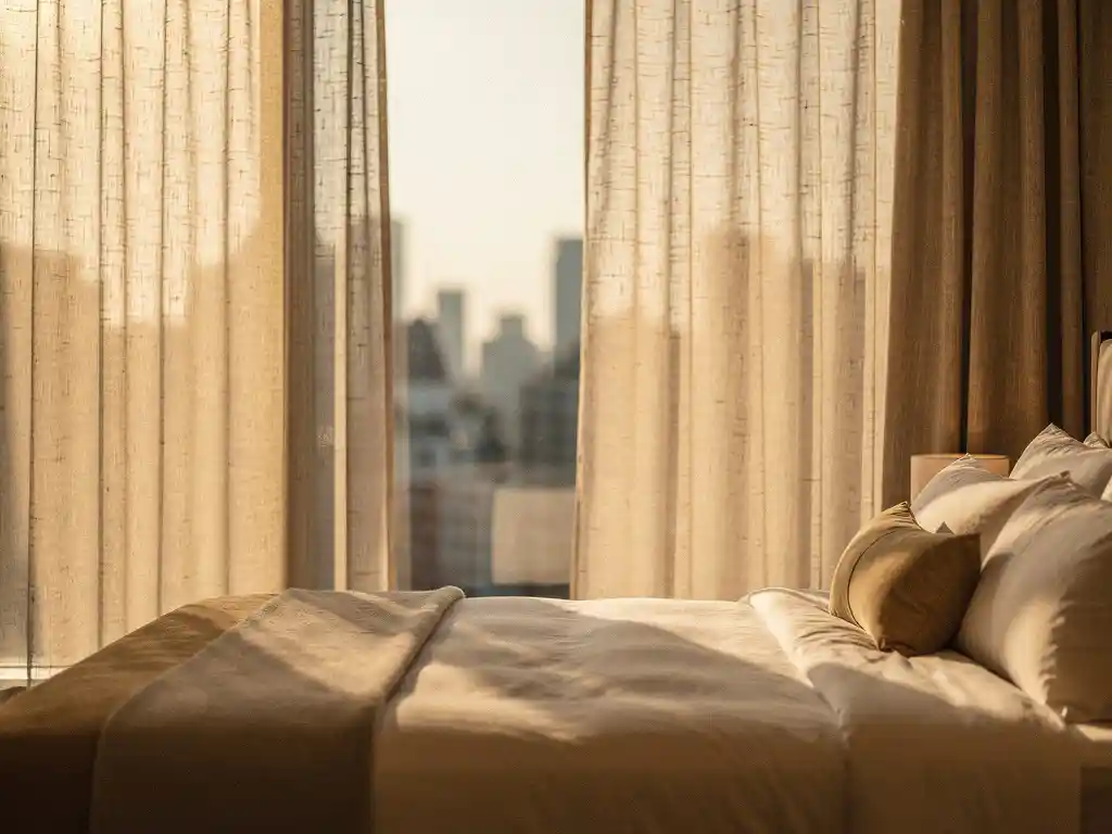 Vloerlange linnen gordijnen in een hotelkamer met warm neutraal beddengoed en stadsuitzicht in zachte middagzon.