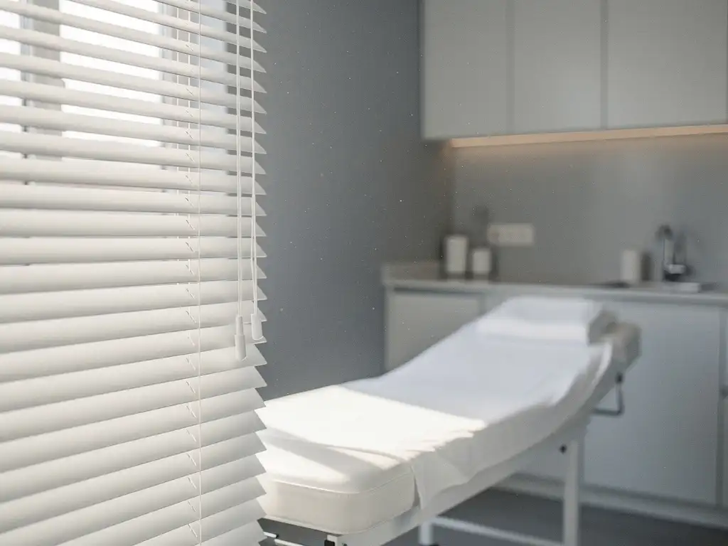 Witte horizontale jaloezieën filteren zacht daglicht in een minimalistische medische onderzoekskamer met een behandeltafel op de achtergrond.