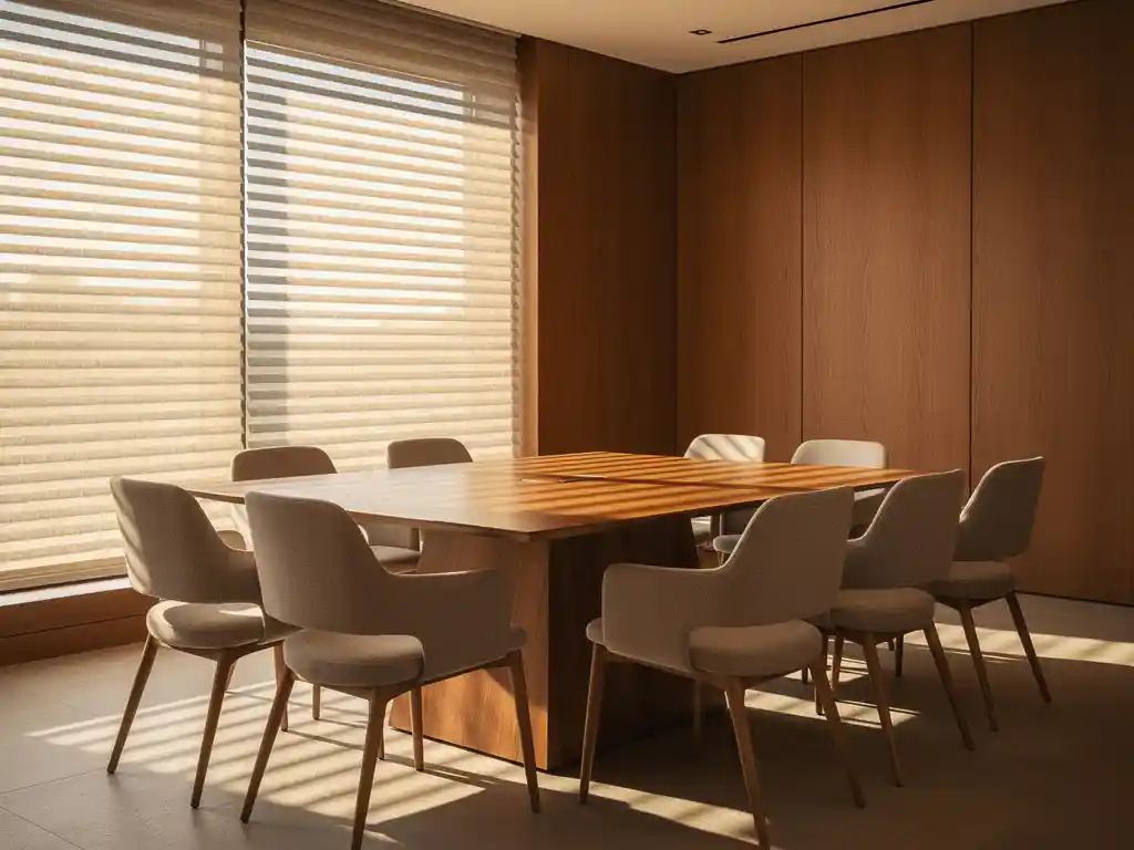 Moderne vergaderruimte met horizontale jaloezieen die warm goudkleurig daglicht filteren over een gepolijste conferentietafel met designerstoelen.