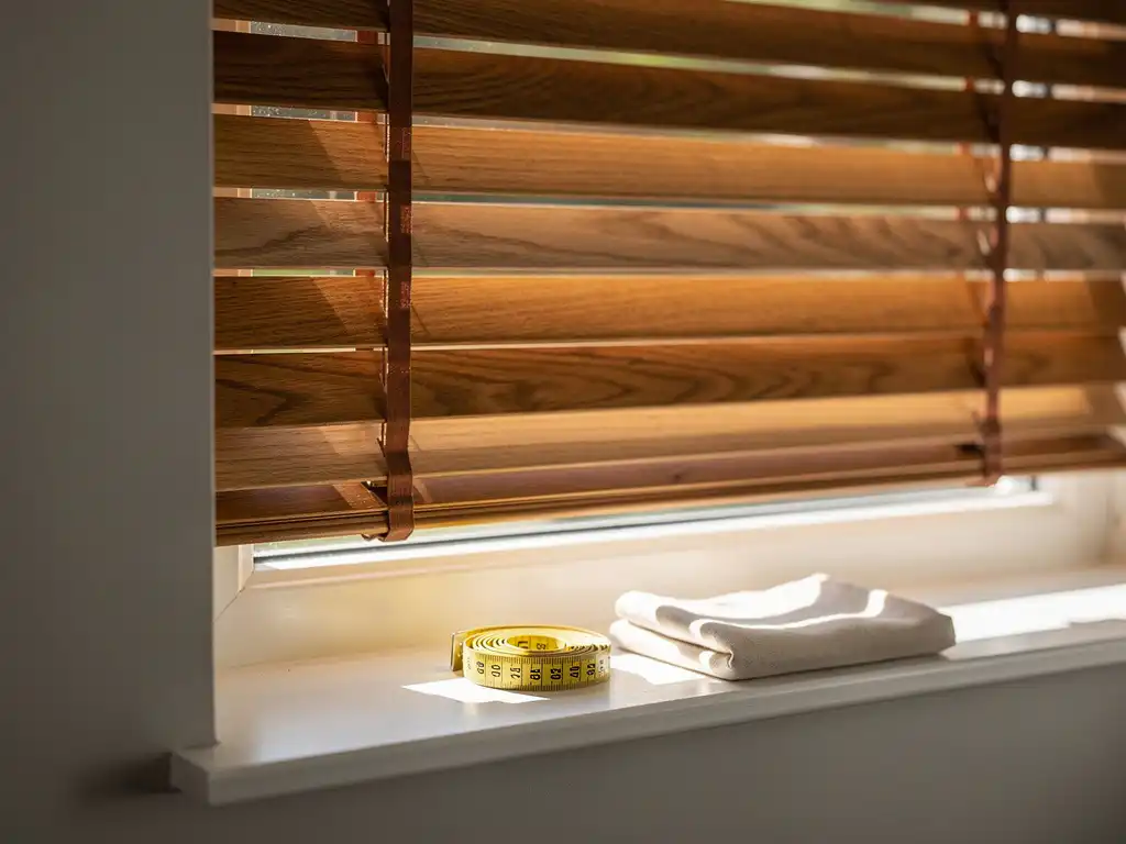 Op maat gemaakte houten jaloezieen op een zonnig Nederlands raam, met parallelle schaduwstrepen op witte muur en meetlint op vensterbank.