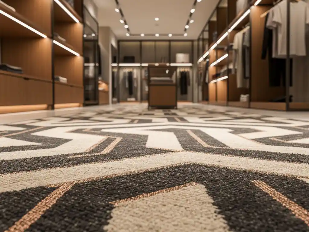 Luxe retailinterieur met geometrisch patroon van premium tapijttegels in houtskoolgrijs en crème, verlicht door warme spots.