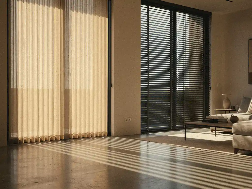 Moderne woonruimte met verticale en horizontale jaloezieen op vloer-tot-plafond ramen, warme middagzon werpt scherpe schaduwlijnen op betonnen vloer.