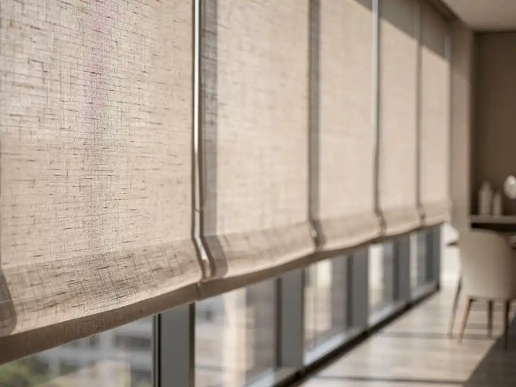 Elegante stoffen rolgordijnen halfopen voor hoge kantoorvensterns, zacht daglicht filtert door linnen weefsel in moderne werkruimte.