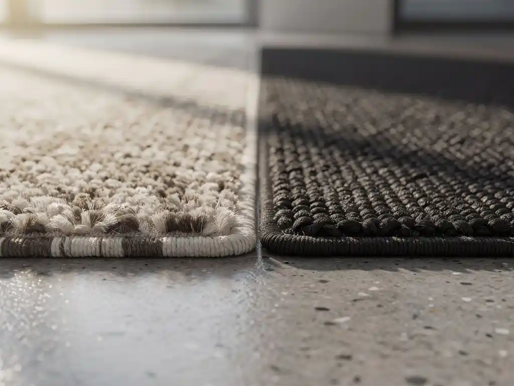 Snijpool en luspool tapijttegels naast elkaar op betonvloer, met ivoor- en houtskoolkleuren in kantoorinterieur.