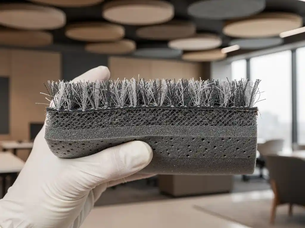 Doorsnede van een tapijttegel met zichtbare lagen: pluisvezels, schuimrug en harde basislaag, vastgehouden door een gehandschoende hand.