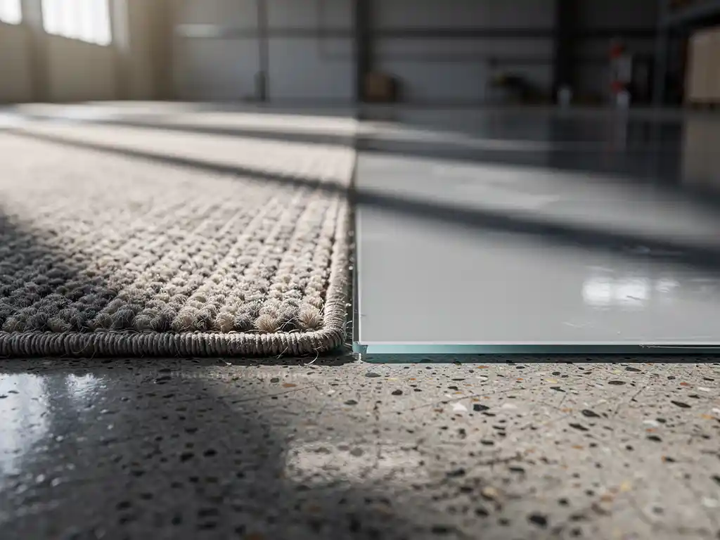 Tapijttegel en epoxyvloerstaal naast elkaar op betonvloer, met zandbeige en leisteengrijze tinten in industrieel magazijnlicht.
